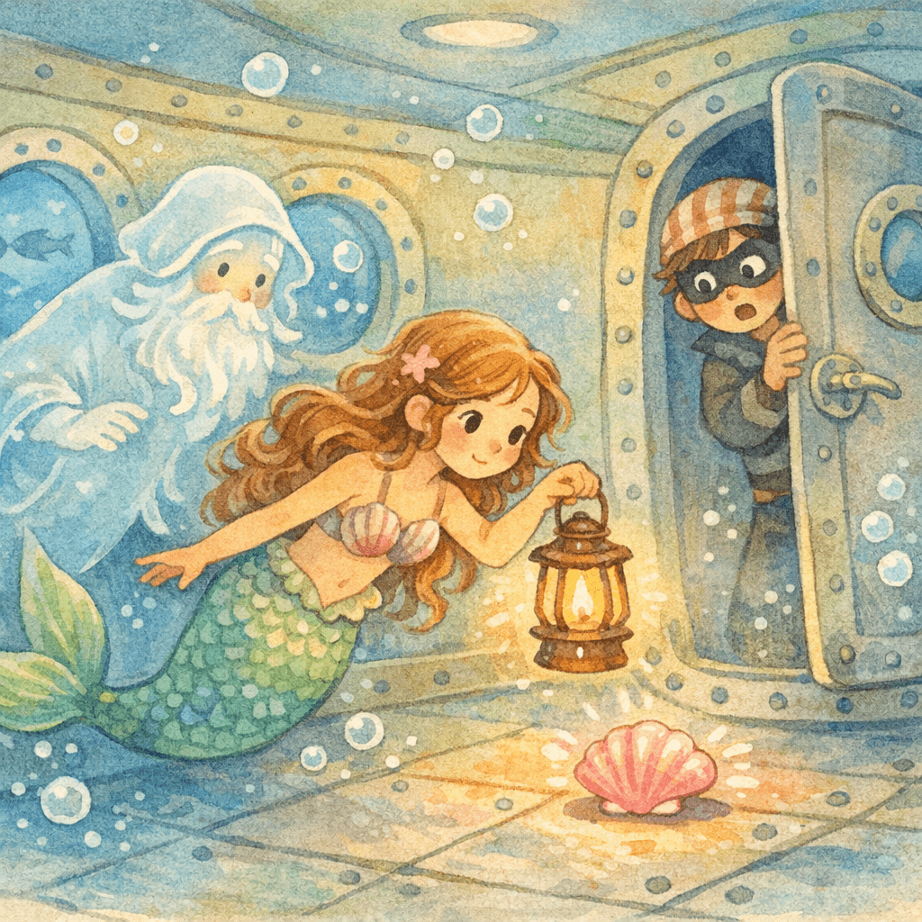 Joy la sirène et le coquillage rose du sous-marin