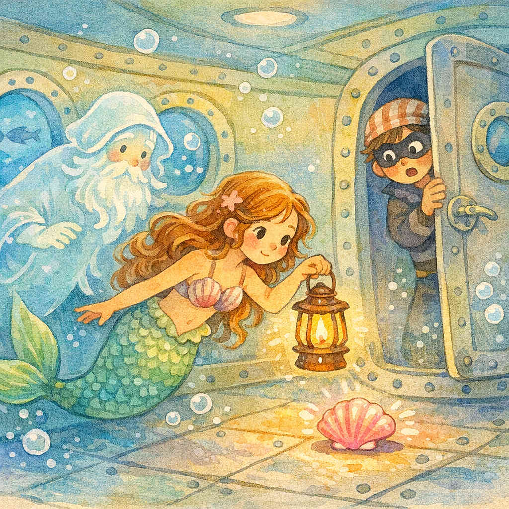 Joy la sirène et le coquillage rose du sous-marin