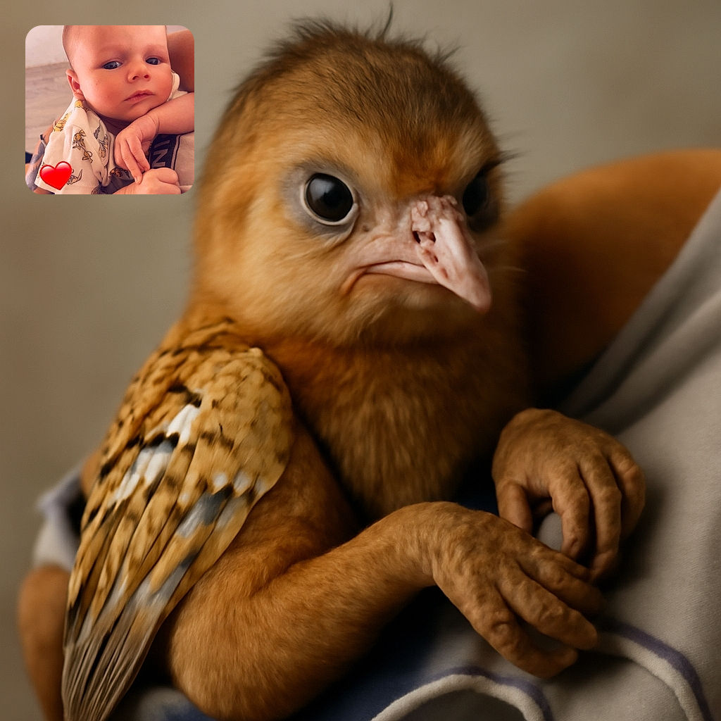 A close-up of a serious-looking baby being gently held, with a cute patterned shirt and a red heart emoji covering part of the arm, capturing a tender moment with soft lighting and neutral background.