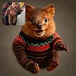 A joyful baby dressed in a cozy brown outfit with animal designs is being held up by a smiling adult wearing a festive Christmas sweater, with a decorated Christmas tree in the background adding to the holiday cheer.