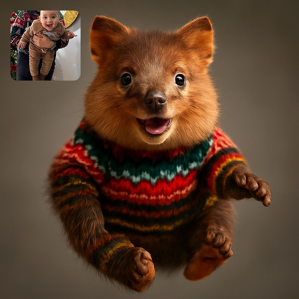 A joyful baby dressed in a cozy brown outfit with animal designs is being held up by a smiling adult wearing a festive Christmas sweater, with a decorated Christmas tree in the background adding to the holiday cheer.