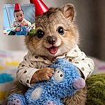 A wide-eyed baby wearing a bright red party hat is caught mid-excitement, clutching a fluffy blue stuffed animal inside a playpen with colorful bedding. The joyful expression and playful setting make this moment irresistibly cute.