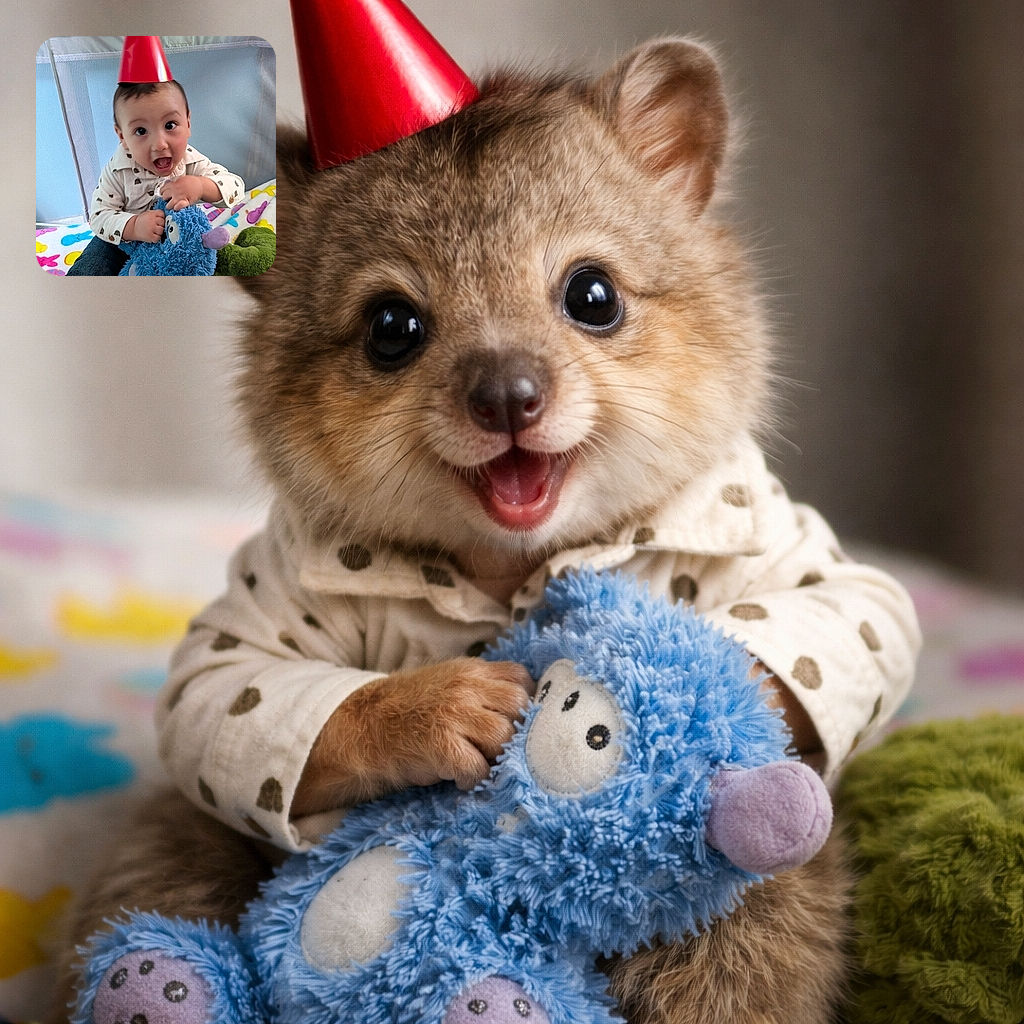 A wide-eyed baby wearing a bright red party hat is caught mid-excitement, clutching a fluffy blue stuffed animal inside a playpen with colorful bedding. The joyful expression and playful setting make this moment irresistibly cute.