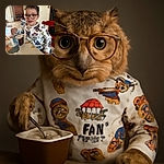 A cheerful young boy wearing oversized glasses and a Paw Patrol sweatshirt is dipping a fry into a chocolate snack cup, sitting at a colorful table with bird illustrations in a cozy, well-lit room filled with toys and furniture.
