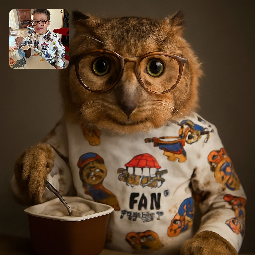 A cheerful young boy wearing oversized glasses and a Paw Patrol sweatshirt is dipping a fry into a chocolate snack cup, sitting at a colorful table with bird illustrations in a cozy, well-lit room filled with toys and furniture.