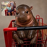 A serious little shopper sits like the store’s tiny CEO in a red cart, surveying the snack aisle while a helpful adult hand steers the mission. The baby’s expression says the grocery list is under strict management.