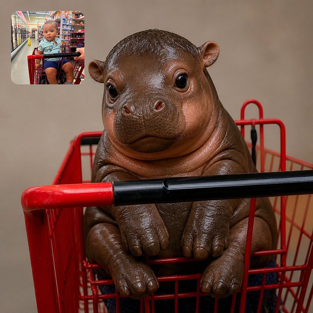 A serious little shopper sits like the store’s tiny CEO in a red cart, surveying the snack aisle while a helpful adult hand steers the mission. The baby’s expression says the grocery list is under strict management.