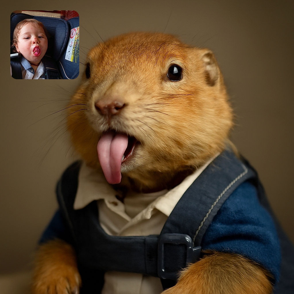 A candid close-up of a toddler in a car seat, cheekily sticking out their tongue with a small twig on it, showing a bit of messy face and a curious expression. The background is a car interior with some warning labels visible.