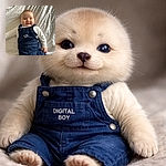 A chubby-cheeked baby with a subtle smile lounges on a textured white blanket, wearing navy blue overalls embroidered with the words 'DIGITAL BOY' and a white long-sleeve shirt, radiating adorable digital charm.