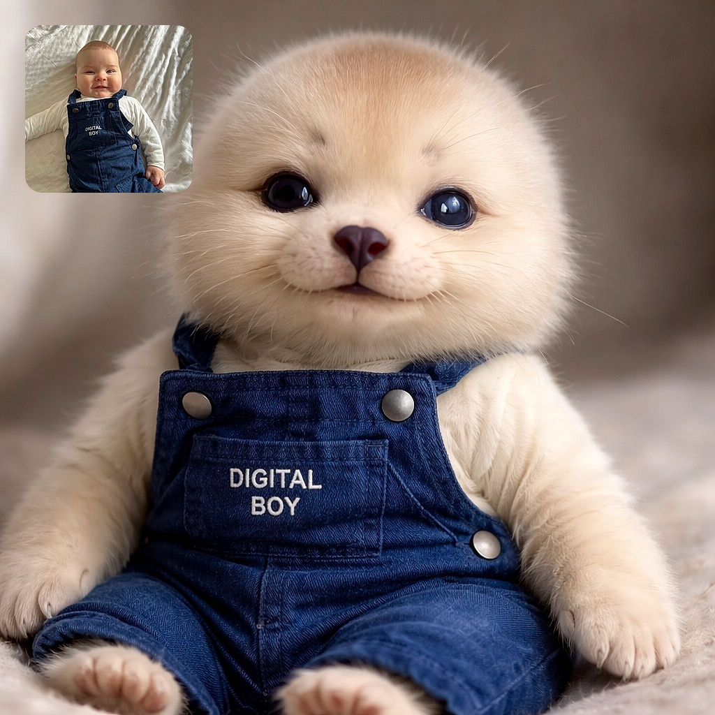 A chubby-cheeked baby with a subtle smile lounges on a textured white blanket, wearing navy blue overalls embroidered with the words 'DIGITAL BOY' and a white long-sleeve shirt, radiating adorable digital charm.