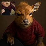 A chubby cheeked baby with a furrowed brow looks intensely serious while gripping a person's leg, as if plotting world domination from the living room.