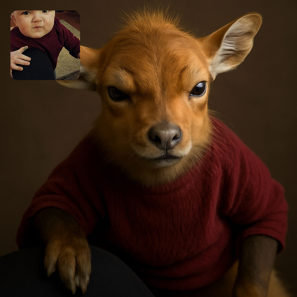 A chubby cheeked baby with a furrowed brow looks intensely serious while gripping a person's leg, as if plotting world domination from the living room.