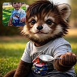A curious toddler sitting on the grass in a park, holding a spoon with a bit of food, with a slightly messy face and a serious expression, wearing a playful cartoon t-shirt, under a bright sunny sky with mountains and trees in the background.