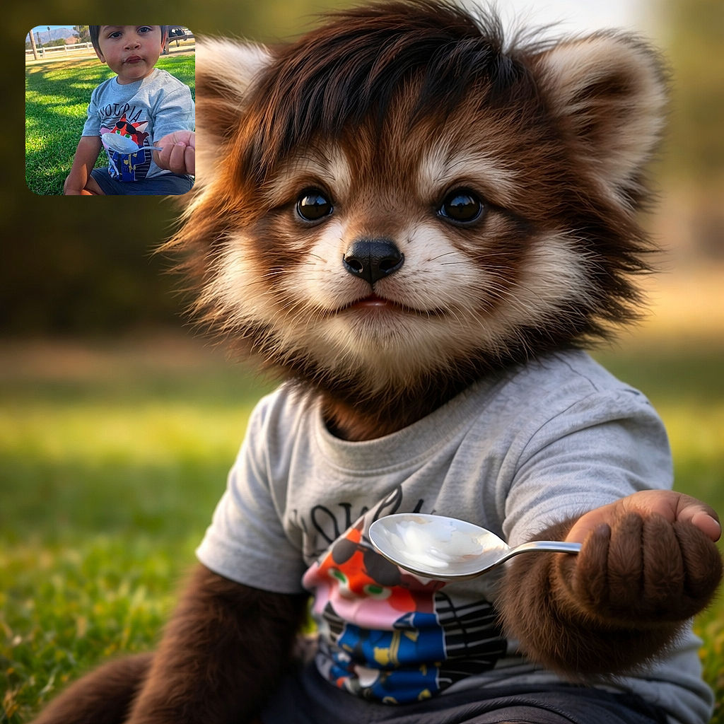 A curious toddler sitting on the grass in a park, holding a spoon with a bit of food, with a slightly messy face and a serious expression, wearing a playful cartoon t-shirt, under a bright sunny sky with mountains and trees in the background.