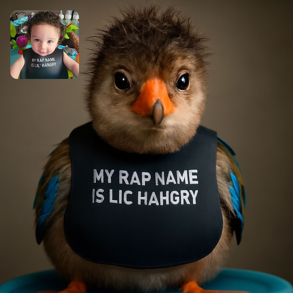 A cute toddler with curly hair and big blue eyes sits in a colorful baby activity seat, wearing a black bib that humorously reads 'MY RAP NAME IS LIL' HANGRY'. The background shows baby bottles and toys, adding to the playful and cozy atmosphere.