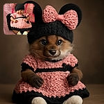 A chubby-cheeked baby sporting an adorable crocheted pink and black dress with matching hat featuring big mouse ears and a bow, sticking out their tongue playfully while lying on a similarly crocheted blanket with butterfly patterns.