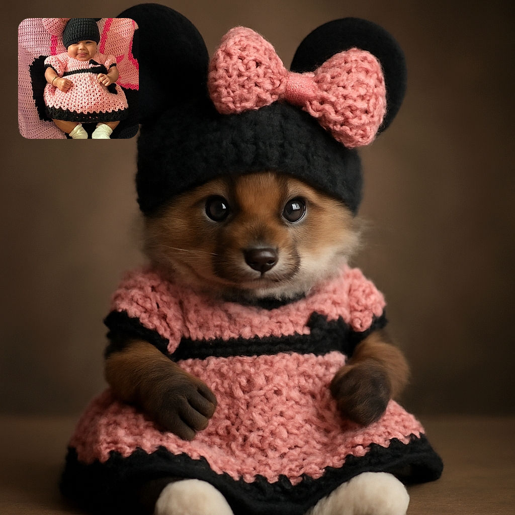 A chubby-cheeked baby sporting an adorable crocheted pink and black dress with matching hat featuring big mouse ears and a bow, sticking out their tongue playfully while lying on a similarly crocheted blanket with butterfly patterns.