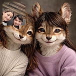 Two smiling young girls lean in close for a cheerful selfie with a rustic wooden wall and woven chair as their backdrop, radiating friendship and joy.