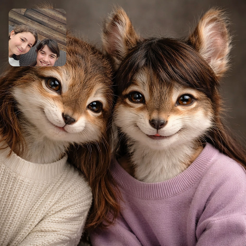 Two smiling young girls lean in close for a cheerful selfie with a rustic wooden wall and woven chair as their backdrop, radiating friendship and joy.