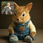 A happy baby with bright eyes is sitting comfortably on a gray couch, wearing adorable denim overalls with a teddy bear patch and matching socks, looking curiously at the camera against a green wall background.