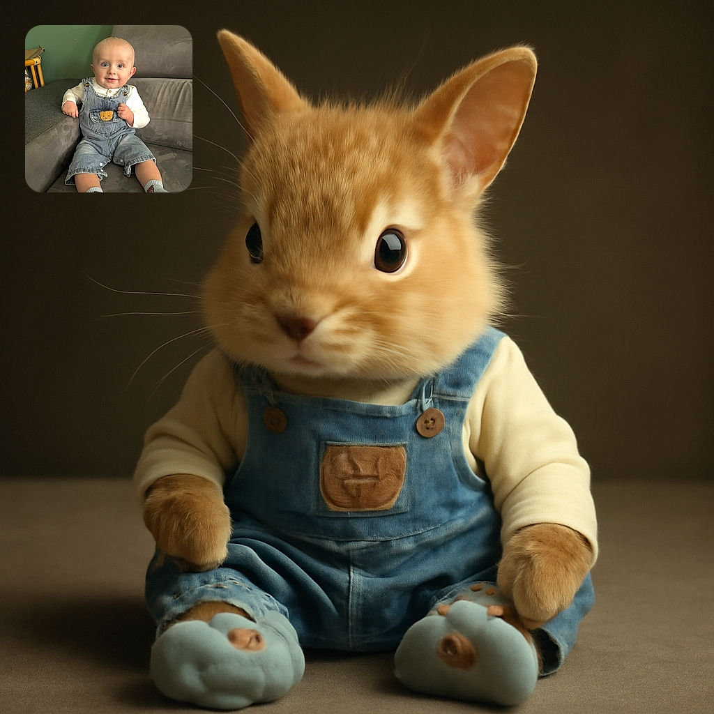 A happy baby with bright eyes is sitting comfortably on a gray couch, wearing adorable denim overalls with a teddy bear patch and matching socks, looking curiously at the camera against a green wall background.
