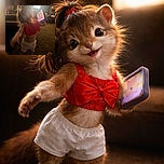 A cheerful little girl in a bright red top and white shorts is holding up a tablet showing a colorful cartoon, standing barefoot on a carpeted floor in a cozy living room with warm lighting and furniture around.
