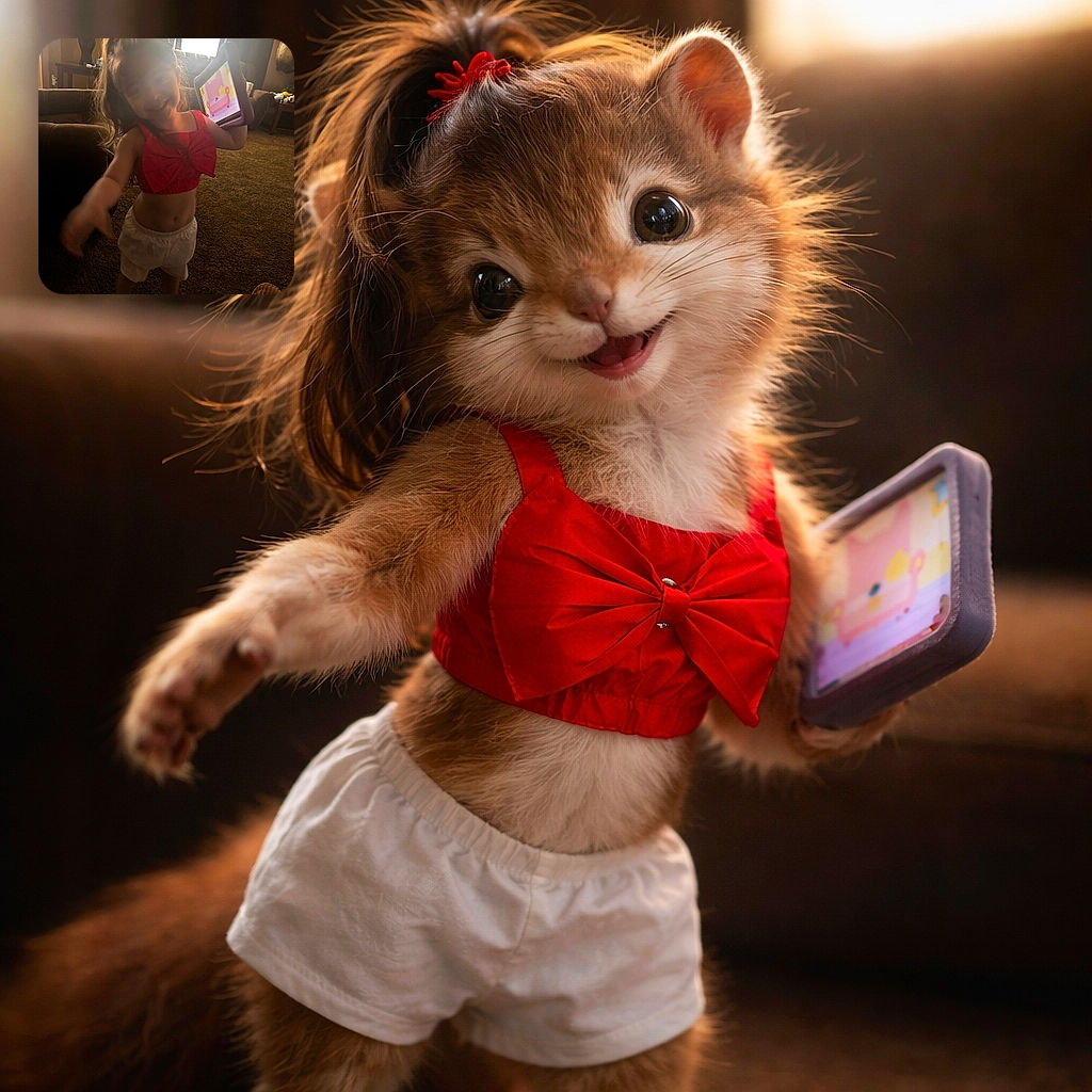 A cheerful little girl in a bright red top and white shorts is holding up a tablet showing a colorful cartoon, standing barefoot on a carpeted floor in a cozy living room with warm lighting and furniture around.