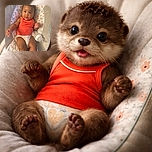 A cute baby in an orange sleeveless top and diaper lounges comfortably in a floral-patterned baby seat, with a milk bottle resting beside them, looking curiously at the camera with wide eyes and a slightly open mouth.