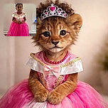 A little princess stands proudly in her bright pink gown and sparkling tiara, ready to charm the world with her royal smile against a simple wall backdrop.