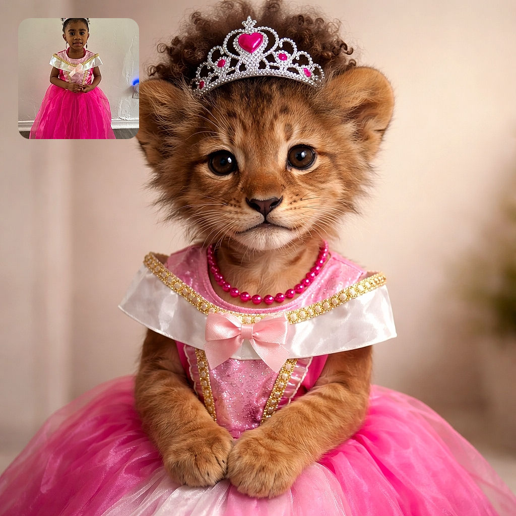A little princess stands proudly in her bright pink gown and sparkling tiara, ready to charm the world with her royal smile against a simple wall backdrop.
