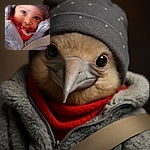 A cozy baby bundled up in a fluffy blue jacket and a starry beanie, flashing a charming smile with big, curious eyes, safely strapped in with a seatbelt.