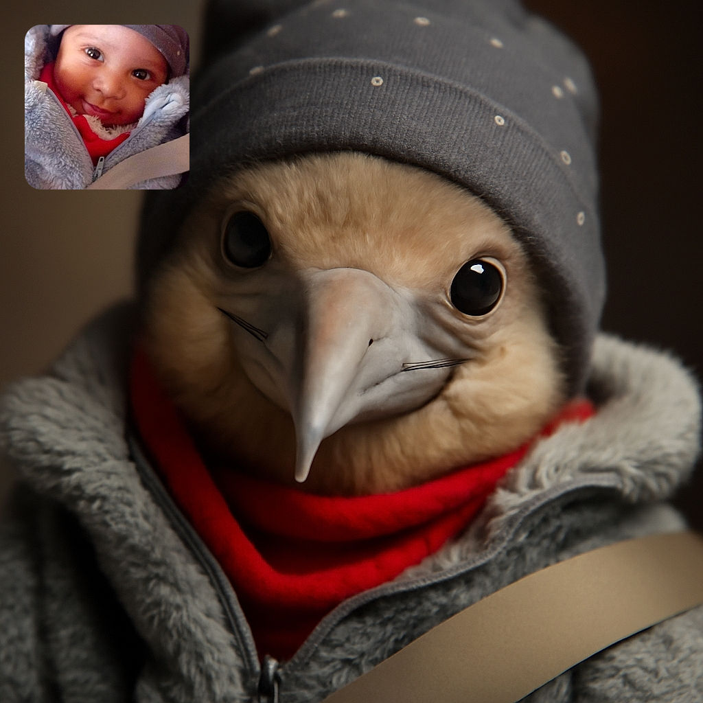 A cozy baby bundled up in a fluffy blue jacket and a starry beanie, flashing a charming smile with big, curious eyes, safely strapped in with a seatbelt.