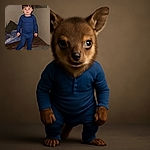 A serious-faced toddler in blue pajamas stands barefoot on a bed, looking directly at the camera with a determined expression, surrounded by cozy blankets and muted wall art.