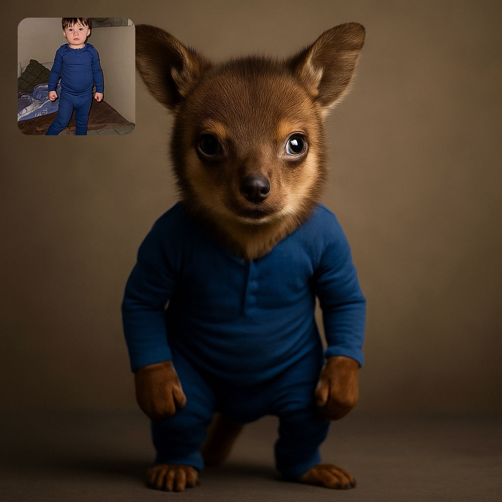 A serious-faced toddler in blue pajamas stands barefoot on a bed, looking directly at the camera with a determined expression, surrounded by cozy blankets and muted wall art.