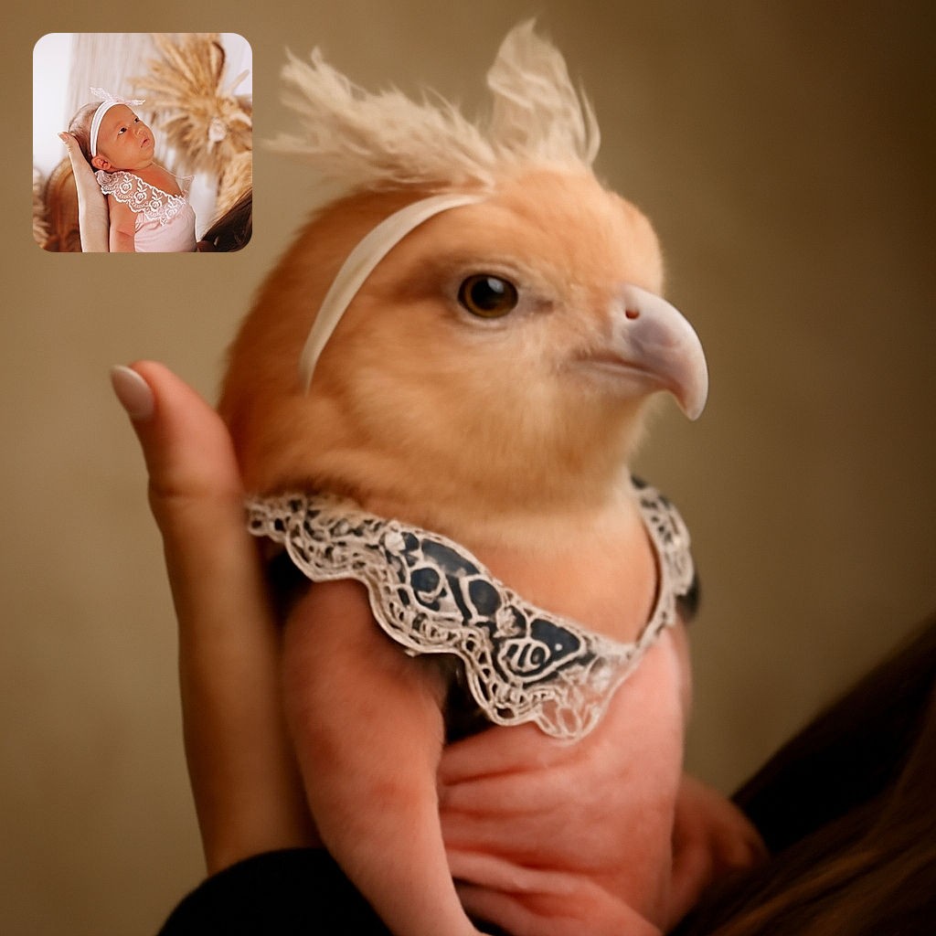 A tiny baby dressed in a delicate pink outfit with lace trim and a matching headband is cradled gently in an adult's hand, gazing upward with wide eyes. The soft, warm background featuring woven textures and dried plants adds a cozy, boho vibe to this tender moment.