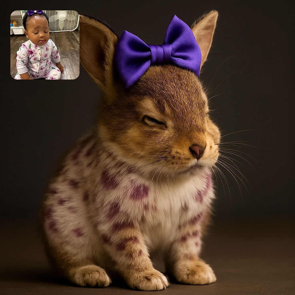 A sleepy baby dressed in cozy floral pajamas with a big purple bow on her head sits on a wooden floor, eyes closed as if mid-blink or about to nap, while a large fan and some cluttered shelves form the background.