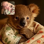 A curious baby wrapped snugly in a cozy blanket, sucking on their fist with wide, inquisitive eyes, while resting comfortably on an arm adorned with tattoos.