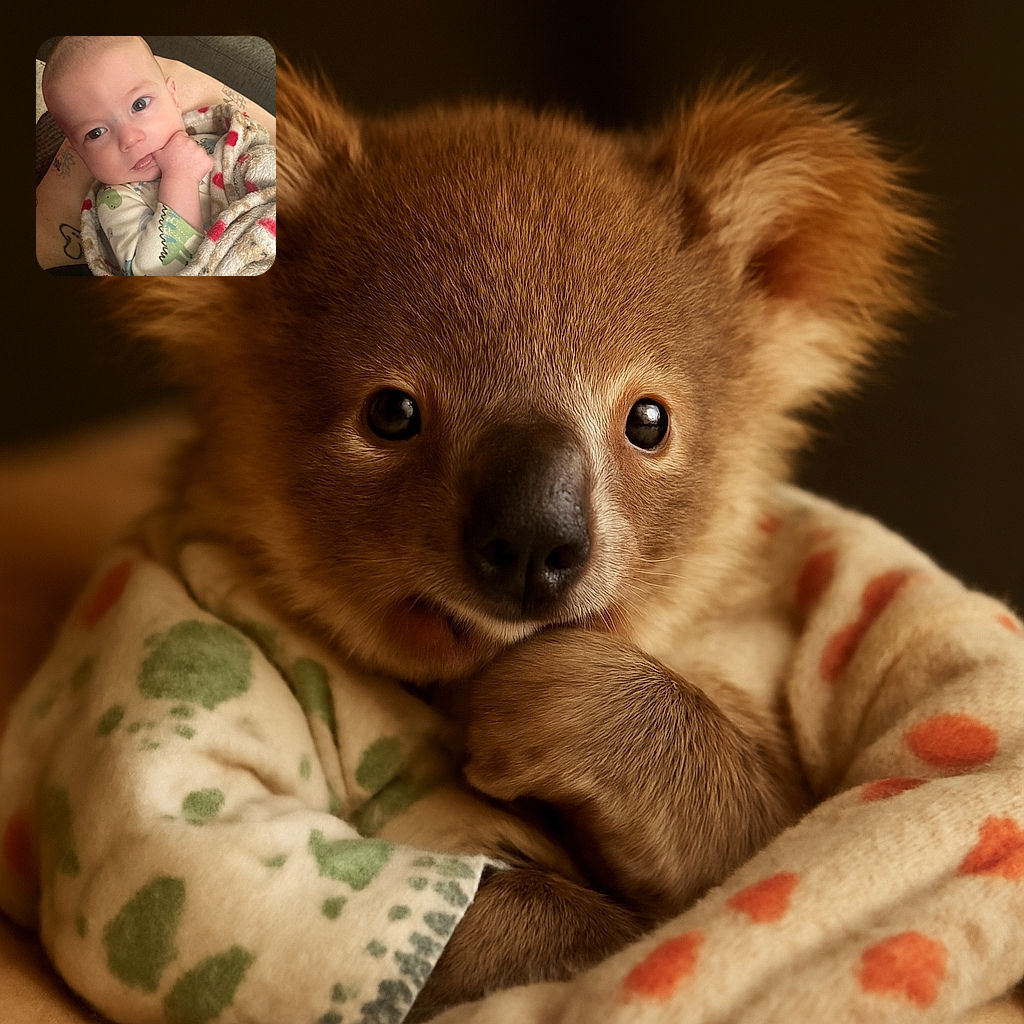 A curious baby wrapped snugly in a cozy blanket, sucking on their fist with wide, inquisitive eyes, while resting comfortably on an arm adorned with tattoos.