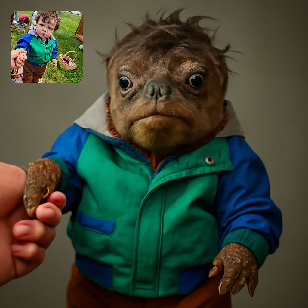A serious-faced toddler in a colorful jacket holds an adult's hand while standing on a wooden bench outdoors. The child has a smudge on the cheek and a slightly tousled hair, with a picnic basket and green grass in the background, creating a candid and charming outdoor moment.