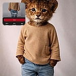 A toddler standing in front of a plain background, looking seriously at the camera, dressed in a beige sweater and blue jeans. The photo is part of a voting contest webpage with French text overlaying the image, including voting information and rankings.