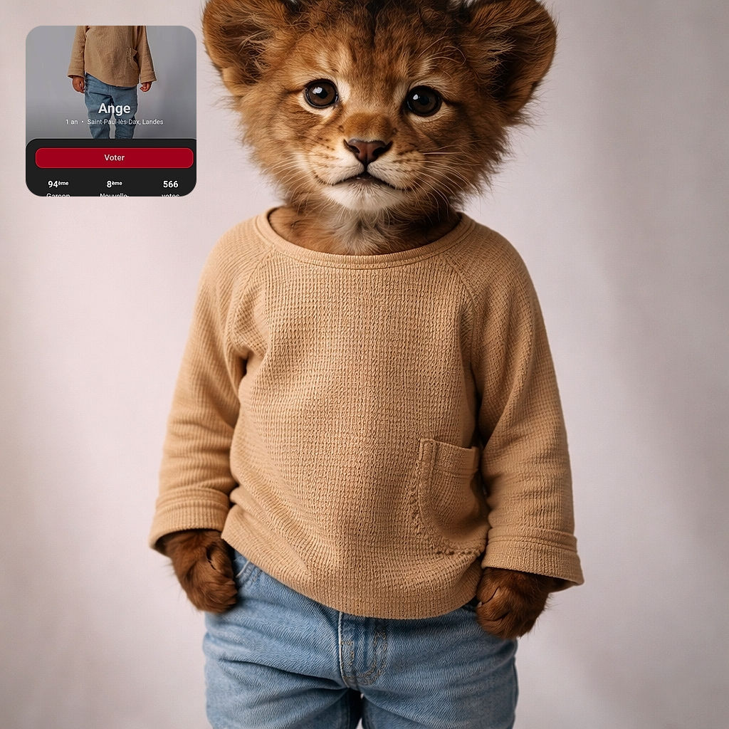 A toddler standing in front of a plain background, looking seriously at the camera, dressed in a beige sweater and blue jeans. The photo is part of a voting contest webpage with French text overlaying the image, including voting information and rankings.