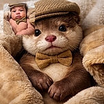 A chubby-cheeked baby wrapped in a cozy beige blanket, sporting a dapper tweed cap and matching bow tie, gazing curiously at the camera with wide innocent eyes.