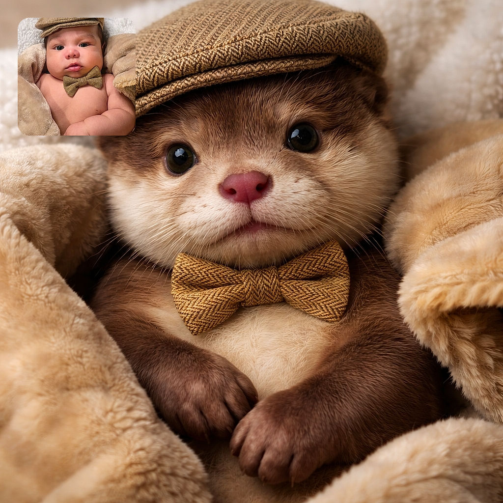 A chubby-cheeked baby wrapped in a cozy beige blanket, sporting a dapper tweed cap and matching bow tie, gazing curiously at the camera with wide innocent eyes.
