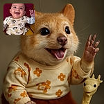 A joyful baby with sparkling eyes and a wide smile looks upward, wearing a playful animal-patterned shirt while lying on a cozy surface with a cute giraffe toy nearby, radiating pure happiness.