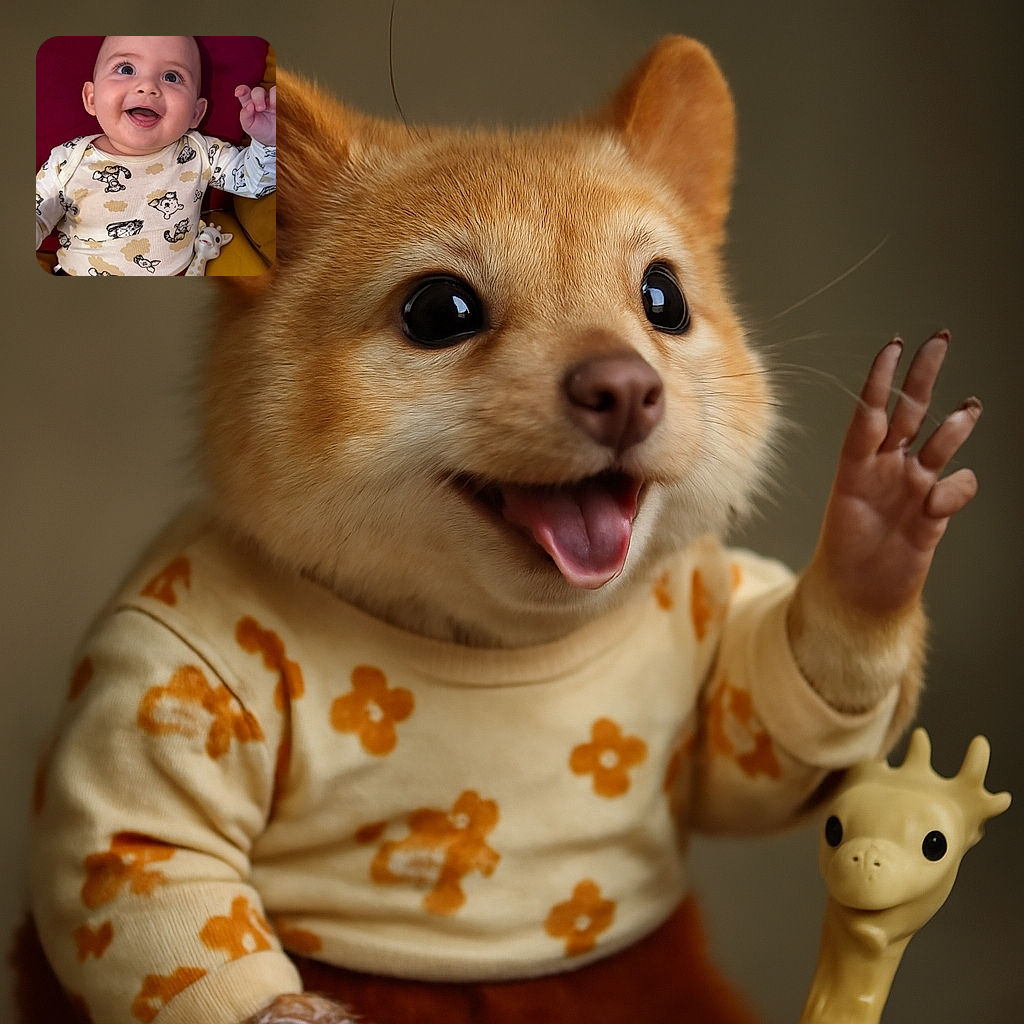 A joyful baby with sparkling eyes and a wide smile looks upward, wearing a playful animal-patterned shirt while lying on a cozy surface with a cute giraffe toy nearby, radiating pure happiness.