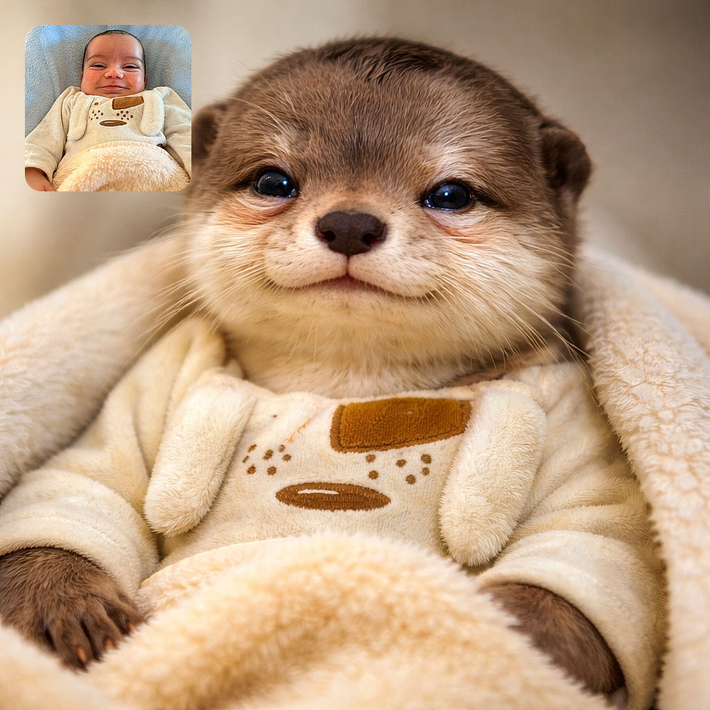 A grinning baby bundled in a fuzzy onesie and blanket looks like a tiny, smug superhero after conquering nap time—cheeks full, eyes squinting in delight, nestled against a pale blue cushion.