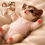 A curious baby in a soft pink onesie lies on a cozy cream blanket, reaching out towards a wicker basket filled with delicate pink tulips, a white lily, and a plush bunny holding a wooden sign that reads '2 mois', marking two months of adorable cuteness.