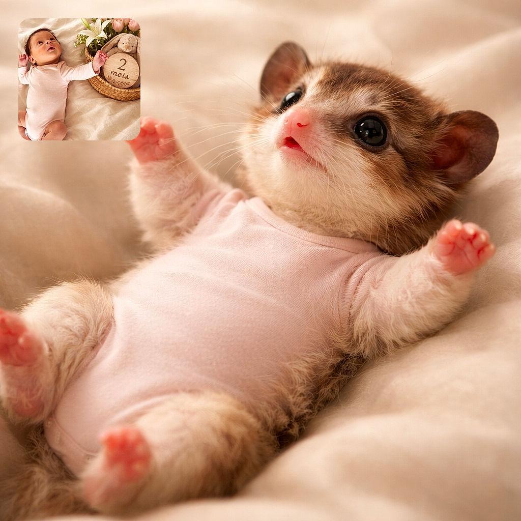 A curious baby in a soft pink onesie lies on a cozy cream blanket, reaching out towards a wicker basket filled with delicate pink tulips, a white lily, and a plush bunny holding a wooden sign that reads '2 mois', marking two months of adorable cuteness.