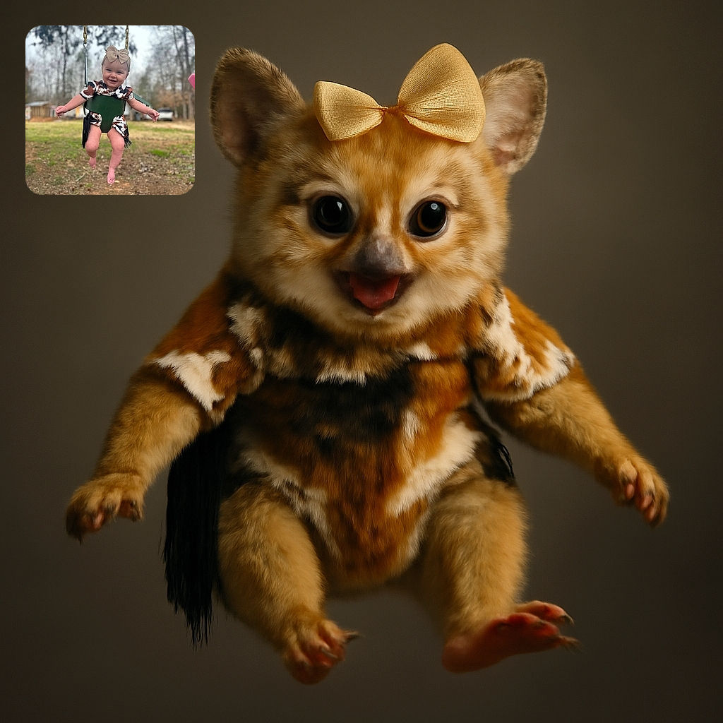 A cheerful baby girl wearing a bow headband and a cow-print outfit is happily swinging outdoors on a green baby swing, with a blurred natural background of trees and grass.