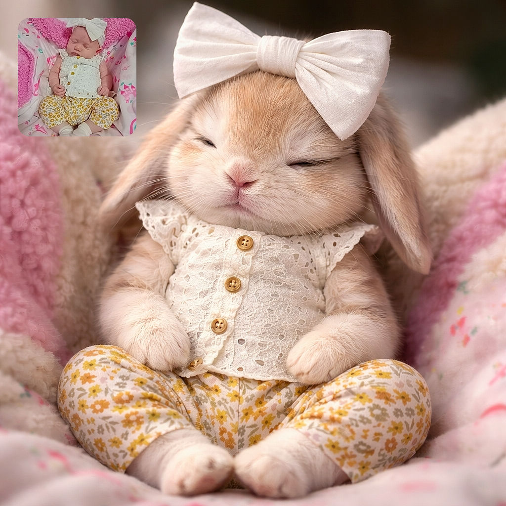A peacefully sleeping baby dressed in a cute white eyelet top with yellow flowered pants, wearing a large white bow headband, nestled in a cozy pink and white blanket nest. The baby looks like the ultimate nap champion surrounded by soft textures and pastel colors.